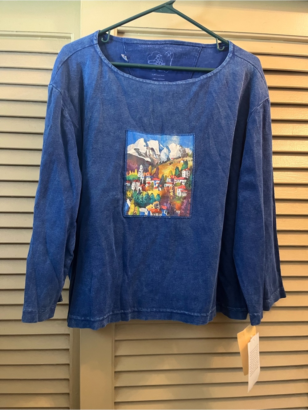 Michael Leu NOS Blue Painted Patch Mountain Scene Pullover XL